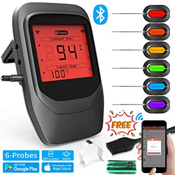 Kitchen Thermometer, TedGem Cooking Thermometer Bluetooth BBQ Thermometer Food Thermometer Wireless Remote Digital LED Screen Magnetic Design, BONUS 6 Probes, APP Support IOS & Android