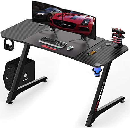 LEMBERI 55 inch Gaming Desk, Z-Shaped Computer Desk with Free Large Mouse Pad, Professional Game Work Station, PC Gamer Table with USB Gaming Handle Rack, Stand Cup Holder&Headphone Hook (55", Black)