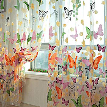 HMANE 1X2M Sheer Voile Butterfly Pattern Shade Curtain Offset Print Tulle Window Door Drape Curtain for Bedroom Living Room Balcony Coffee House (2 Panels)