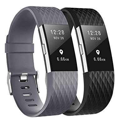 Fundro Replacement Bands Compatible with Fitbit Charge 2, 2 Pack Classic & Special Edition Adjustable Sport Wristbands(#B Black/Gray, Small (5.5"-6.7"))
