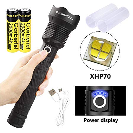Garberiel Strong Light 5000LM XHP70 High Power USB Flashlight with Rechargeable Battery and USB Cable, 3 Modes with Power Display Function