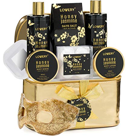 Bath and Body Gift Basket For Women and Men – Honey Jasmine Fragrance - Home Spa Set with Hot & Cold Gel Eye Mask, Bath Bombs, Body Lotions, Gold Shimmery Travel Cosmetics Bag and More - 12 Piece Set