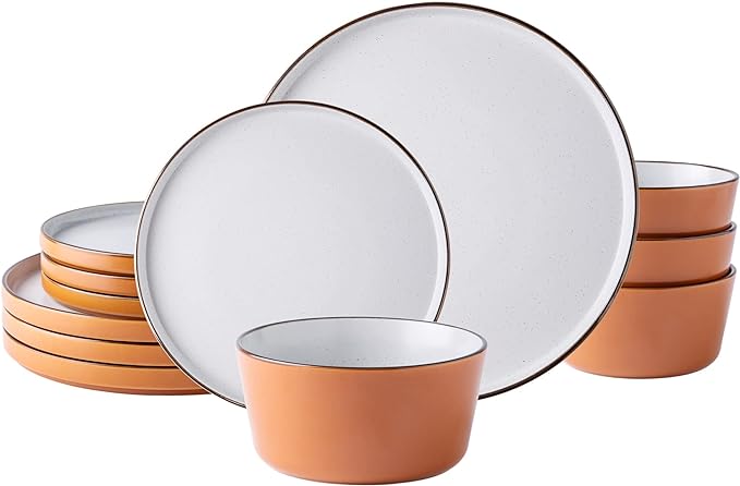 AmorArc Dinnerware Sets of 4,Modern Stoneware Plates and Bowls Sets,Chip and Crack Resistant | Dishwasher & Microwave Safe Ceramic Dishes Set,Service for 4 (12pc)-Speckled & Matte Orange