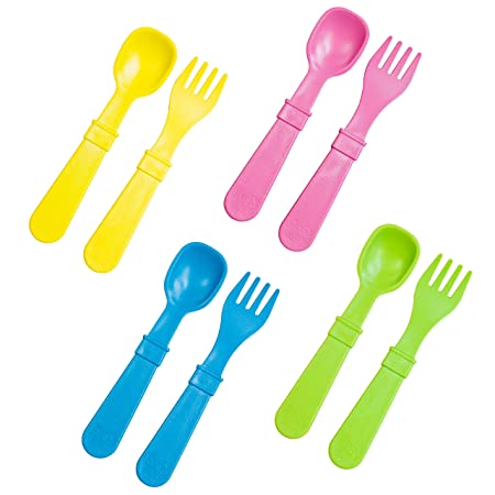 Re-Play Made in USA 8pk Toddler Feeding Utensils for Easy Baby, Toddler, Child Feeding - Sky Blue, Bright Pink, Yellow, Lime Green (Easter )