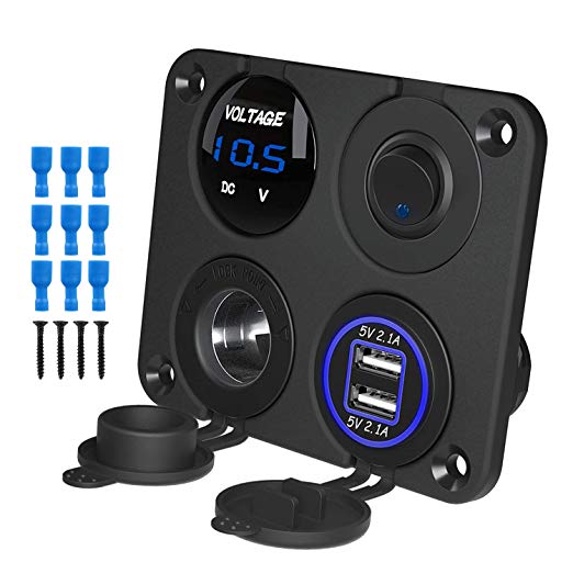 Kohree 12V Charger Socket Panel, 4 in 1 Multifunctional Waterproof Marine Toggle Rocker Switch Panel with Dual USB Charger Socket 12 Volt Marine USB Power Outlet for RV Boat Car Vehicles Truck Toggle