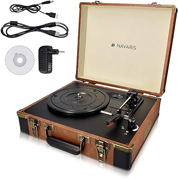 Navaris Retro Koffer Plattenspieler mit Lautsprecher - USB Port zum Digitalisieren - 35,5x11,5x27,5cm - Vintage Schallplatten Spieler Braun-Schwarz