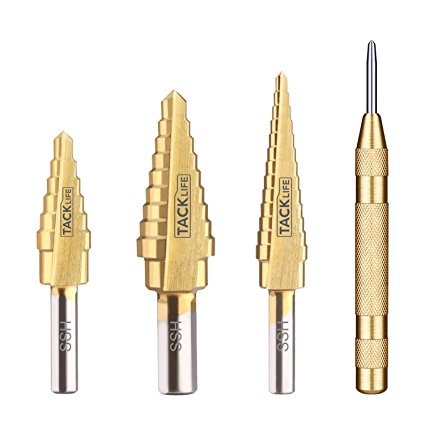 Step Drill, Tacklife PSD1 Titanium Step Drill Bit Set with Automatic Center Punch, High Speed Steel |3-Piece Set| Total 28 Sizes, 118°Split Point Tip Design