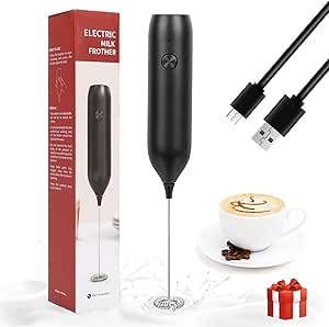 FYY Milk Frother Handheld, Electric Foam Maker with Stainless Steel Whisk, Rechargeable Frother Drink Mixer with USB-C Cable for Coffee, Lattes, Cappuccino, Frappe, Matcha, Hot Chocolate,-Black