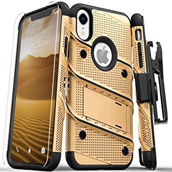 Zizo Bolt Series Compatible with iPhone XR Case Military Grade Drop Tested with Tempered Glass Screen Protector Holster and Kickstand Gold Black