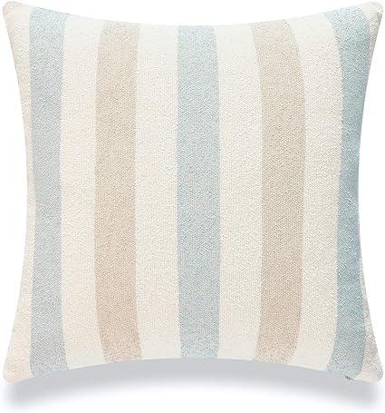 Hofdeco Beach Coastal Decorative Pillow Cover ONLY for Couch, Sofa, or Bed, Light Blue Tan Taupe Woven Stripe, 18"x18"