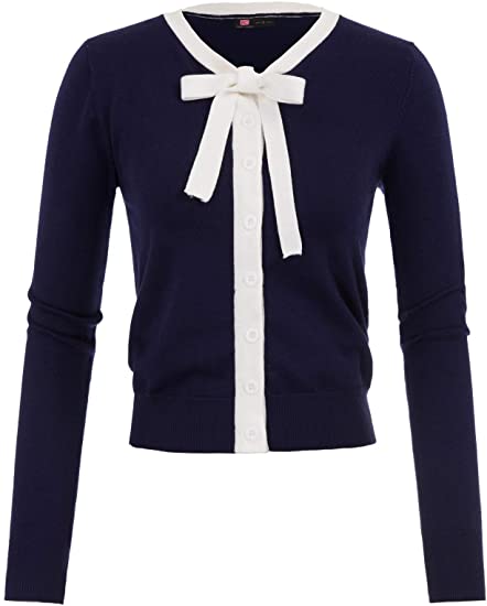 Round Neck Sweater Contrast Color Cardigan(Navy,S)