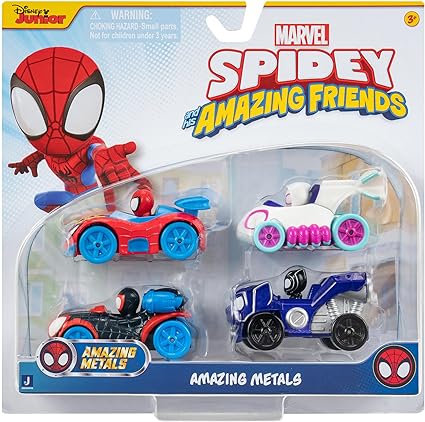 Marvel Spidey and His Amazing Friends Amazing Metals 4 Pack - Includes Spidey, Ghost-Spider, Black Panther, Miles Morales: Spider-Man - 3-Inch Die-Cast Vehicles - Superhero Toys for Kids 3 and Up