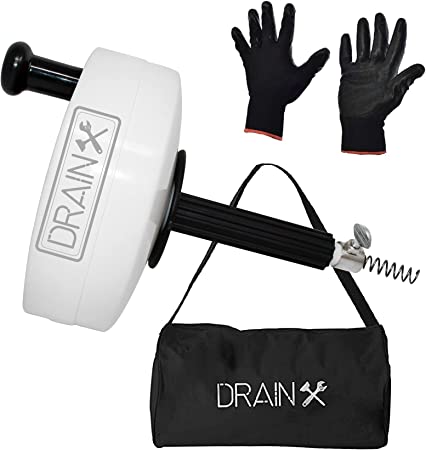 DrainX Pro 50-FT Steel Drum Auger Plumbing Snake | Drain Cleaning Cable with Work Gloves and Storage Bag