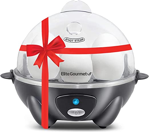 Elite Gourmet EGC710DKG Rapid Egg Cooker, 7 Easy-To-Peel, Hard, Medium, Soft Boiled Eggs, Poacher, Omelet Maker, Auto Shut-Off, Alarm, 16-Recipe Booklet, BPA-Free, Ash