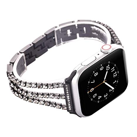 Watch Straps compatible Apple Watch 42mm/44mm,Women Glitter Stainless Steel Band,Black Bracelet with Folding clasps Replacement Wristband for iWactch 44mm 42mm Series 4/3/2/1