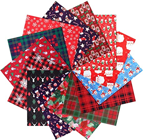 28 Pieces Christmas Fabric Cotton Bundle Xmas Quilting Fabric Patchwork Plaid Check Fabric Fat Quarter Precut Fabric Scraps Christmas Tree Santa Claus Snowman Fabric for Sewing Crafting 7.8 x 9.8 Inch