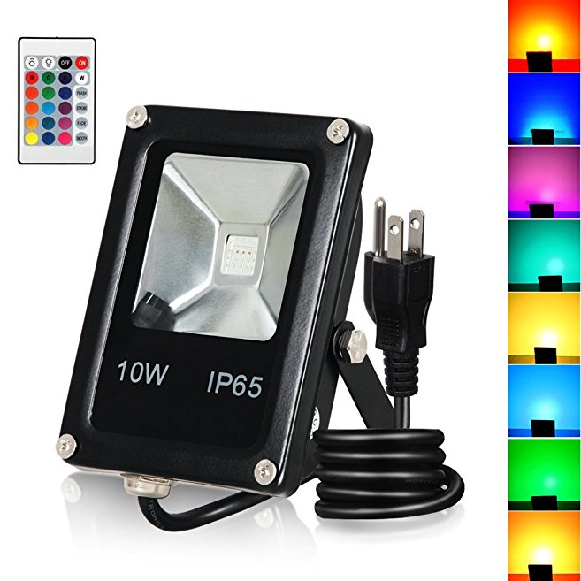 T-SUN 10W RGB Flood Lights, Outdoor Color Changing Waterproof LED Security Light, RGB Spotlight with Remote Control & US Plug for Garden, Yard, Warehouse, Sidewalk, Garage (10W)