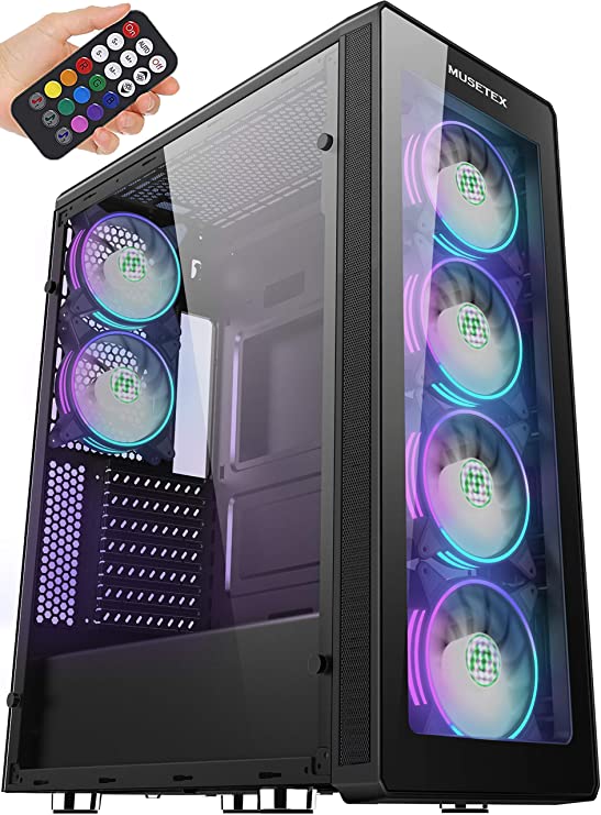 MUSETEX ATX Mid-Tower PC Gaming Case 2X USB3.0 & 6X ARGB Fans, Computer PC Chassis with Remote Control, Tempered Glass Cooling System/Airflow/Cable Management（T400-MS6）