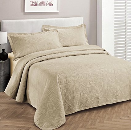 Fancy Collection 3pc Luxury Bedspread Coverlet Embossed Bed Cover Solid Beige New Over Size 118"x106" King/california King