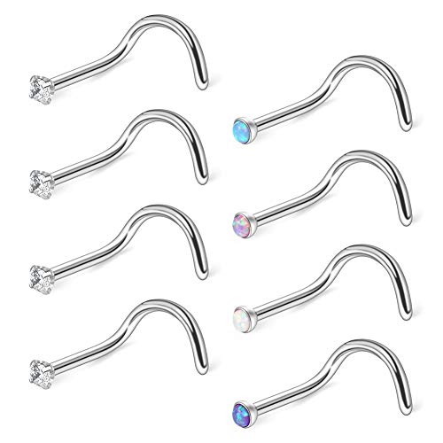 Ruifan 20G 316L Surgical Steel 1.5mm 2mm 2.5mm 3mm Jeweled Opal & Clear CZ Nose Screw Rings Studs Ring Body Piercing Jewelry 8PCS