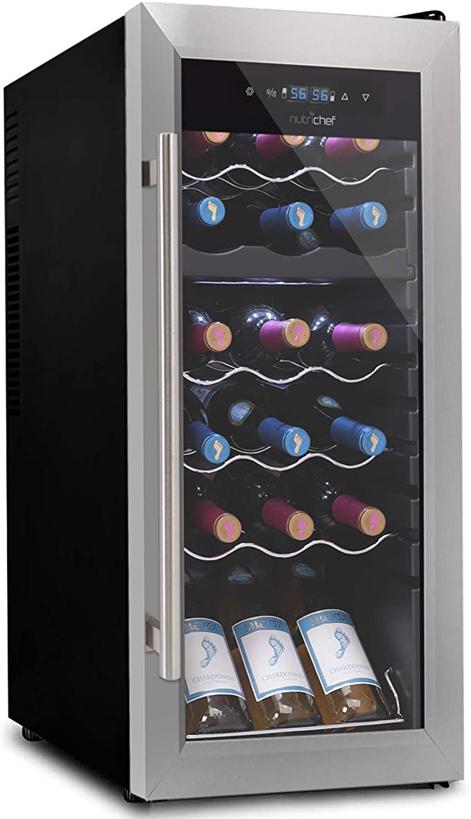 18 Bottle Wine Cooler Refrigerator - White/Red Wine Fridge Chiller Countertop Wine Cooler - Freestanding Compact Mini Wine Fridge 18 Bottles w/Digital Control, Glass Door - NutriChef PKCWCDS185