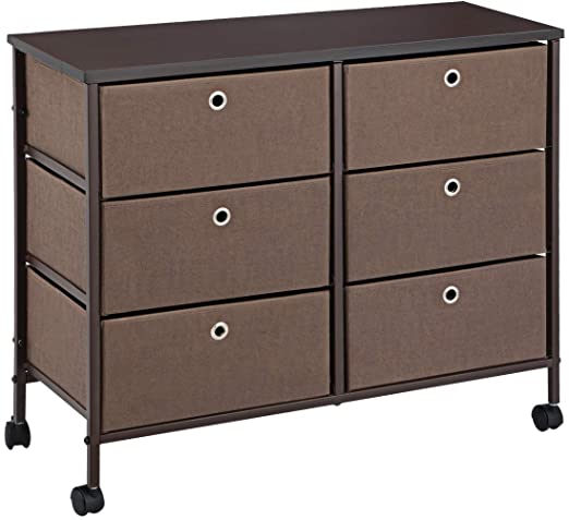 KINGSO 6 Drawer Dressers for Bedroom, Fabric Dresser Tower with Sturdy Steel Frame, Easy-Pull Faux Linen Drawers and Wood Tabletop for Bedroom, Hallway, Nursery, Entryway, Closets- Coffee