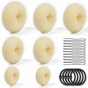 Donut Hair Bun Maker, TsMADDTs Ring Style Bun Maker Set with 7 Golden Hair Bun Makers 5 Hair Ties 20 Bobby Pins for Chignon Hair Styles