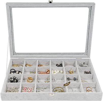 Bunahome Multi-Function Slot Velvet Glass Jewelry Box Organizer Case Tray Holder Earrings Storage Box