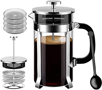 Faramo French Press 1L (8 Cup) Coffee Maker with 4 Reusable Filter Meshes & 1 Measuring Scoop, 34oz Cafetiere/Tea Maker, 304 Grade Stainless Steel Plunger & Heat Resistant Borosilicate Glass