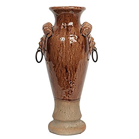 Hosley's 14.25" Ceramic Floor Vase. Italian Lion Handle. Ideal for Gifts, Home or Party