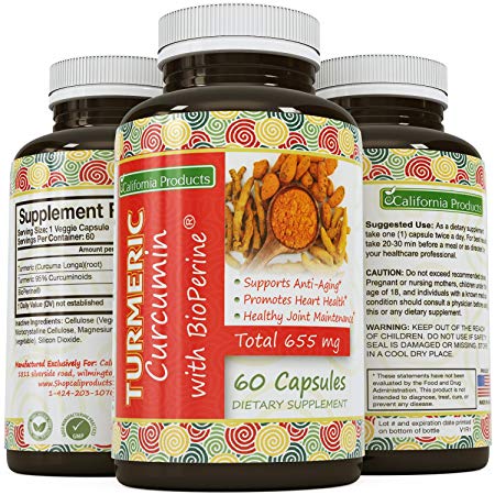 Turmeric Curcumin Supplement with BioPerine Black Pepper - Antioxidant Natural Joint Health Support - Anti Aging Benefits Pure Energy Booster for Men and Women 60 Capsules by California Products