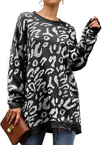 Sundray Women's Leopard Print Crewneck Knit Pullover Sweater Oversized Casual Loose Long Sleeve Tunic Tops