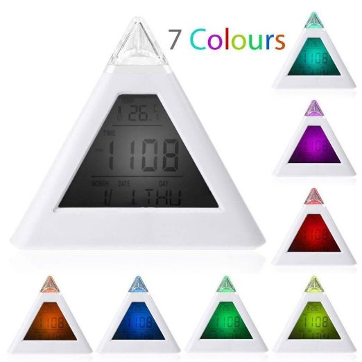 7 LED Color Changing Pyramid Digital Alarm Clock Natural Sound Alarm Thermometer Calendar Clock