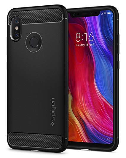 Spigen Rugged Armor Mi 8 Case with Flexible and Durable Shock Absorption with Carbon Fiber Design for Xiaomi Mi 8 (2018) - Black