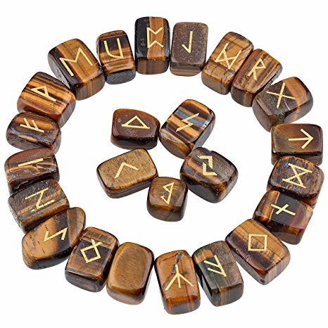 rockcloud Tiger's Eye Rune Stones Tumbled Engraved Lettering Crystal Set for Wicca Crystals Healing Chakra Reiki