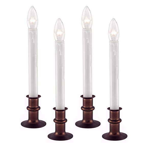 612 Vermont Ultra-Bright LED Window Candles with Timer, Battery Operated, Metal Base, White Candlestick, Adjustable Height (Pack of 4, Antique Bronze)