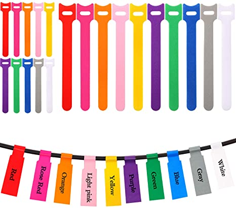 50 Pieces Reusable Fastening Cable Straps and 300 Pieces Colorful Cable Labels with Mark Pen, 10 Colors Hook and Loop Cord Ties and Wire Labels for Cable Cord Wires Desk Management