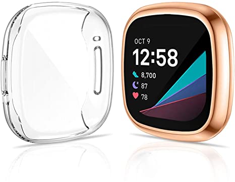 KIMILAR compatible with Fitbit Sense/Versa 3 Screen Protector, (2 Pack) TPU Plated Full Coverage Screen Bumper Cover Case Screen Protector compatible with Fitbit Sense/Versa 3, Clear Rose gold