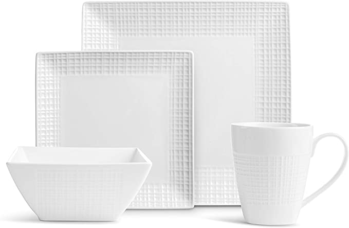 32 Pc. Square Pure Porcelain Dishes Set – White Dinner Plates, Bowls, Coffee Cups (Mesh)