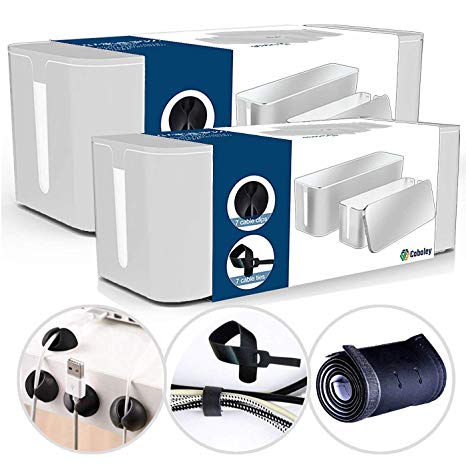 Cable Management Box Organizer Set, Pack of 2 with Configuration Kit, Updated Anti-Skid Design, Large and Medium White Boxes with Cable Ties, Clips and Sleeve. Covers and Hides Cords/Wires/Power Strip