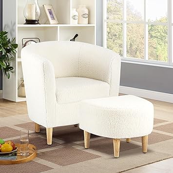 Accent Chair, Sherpa Chair White Fluffy Chair Teddy Barrel Chair with Ottoman Comfy ArmChair Footrest Set Comfortable Living Room Chairs Upholstered Club Tub Sofa Chair for Bedroom Reading Room