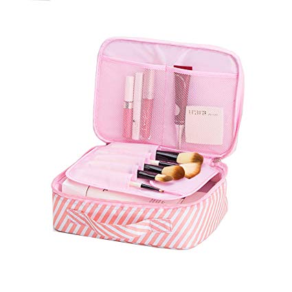 Portable Makeup Cosmetic Bag, Double Layer Handy Travel Toiletry Bag Make Up Brush Pouch Jewelry Organizer Durable Waterproof Fabric Dual Zipper Train Case