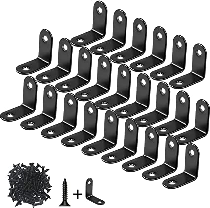 24-Pack L Bracket Corner Brace Sets Black Stainless Steel 90 Degree Right Angle Brackets Fastener with Screws for Wood, Shelves, Furniture, Cabinet(0.98inch)