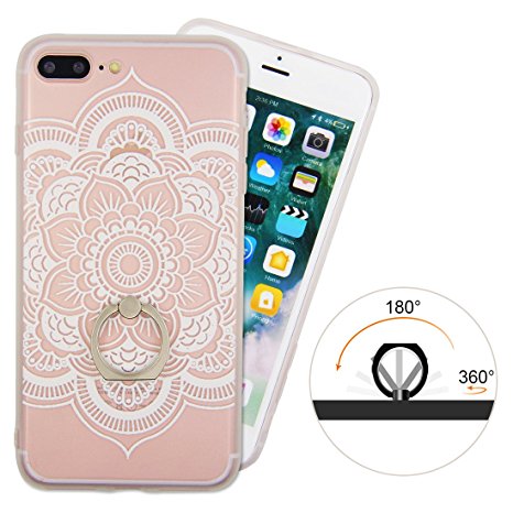 iPhone 7 Case Finger Ring Stand - Ultra Thin Hard PC Back 3D Relief Sculpture Silicone Case Cover With 360 Rotating Ring Grip/Stand Holder/Shockproof Case for iPhone 7 / iPhone 8 (White Mandala)