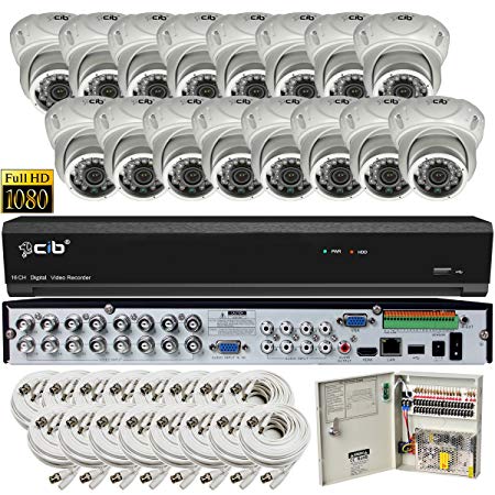 CIB True Full HD 16CH 1080P 1920TVL Recording and 4K Video Output Display DVR System with 2TB HDD and 16x2.1Megapixel Vandal Dome Cameras Network Remote Viewing - H80P16K2T03W-16KIT-W