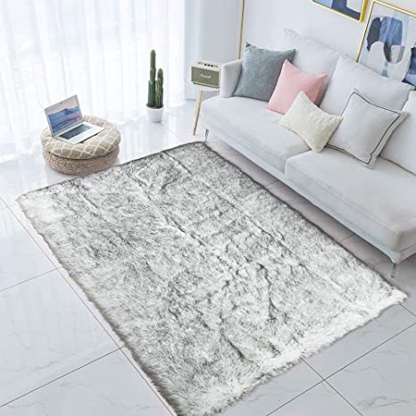 Carvapet Shaggy Soft Faux Sheepskin Fur Area Rugs Floor Mat Luxury Beside Carpet for Bedroom Living Room, 3ft x 5ft, White with Black Tips