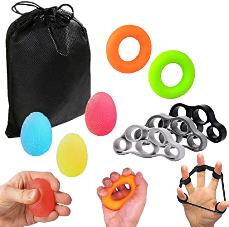 roygra Hand Grip Strengthener (8 Pack) Finger Exercise Exerciser Stretcher Resistance Bands Stress Relief Ball Forearm Squeeze Ring Strength Trainer (D - 8 Pack)