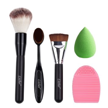 Makeup Brush, Oval Toothbrush Curve Foundation Brush, Flat Contour Makeup Brush, Brush Cleaner Washing Brush Glove Scrubber Board, Flawless Cosmetic Sponge Puff - 5 PCS Makeup Tools By Lizber