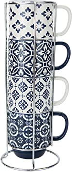 True Blue Stacked Mugs with Stand, 14 Ounce Capacity, Set of 4, By Boston Warehouse