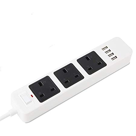 3-Outlet Power Strip, with 4 USB Charging Ports Home/Office Surge Protector with 6.6ft Extension Cord for Smartphone and Tablets (White Black)